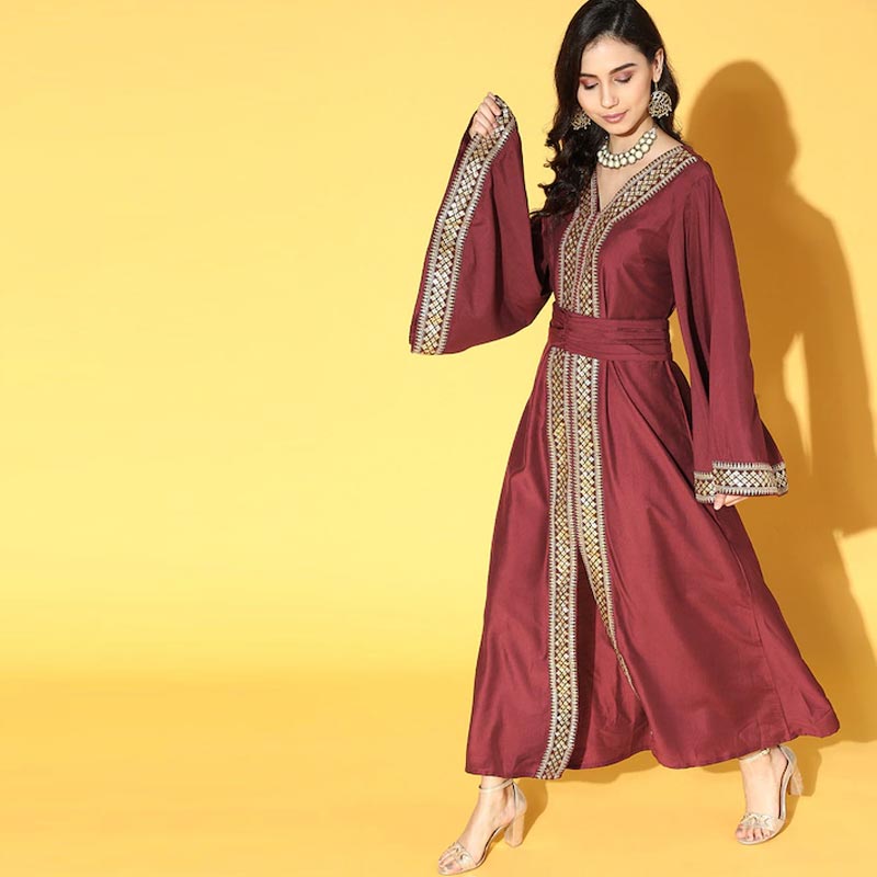 Buy online Maroon Saree Style Ethnic Dress With Embroidered Belt from  ethnic wear for Women by W for ₹4349 at 38% off